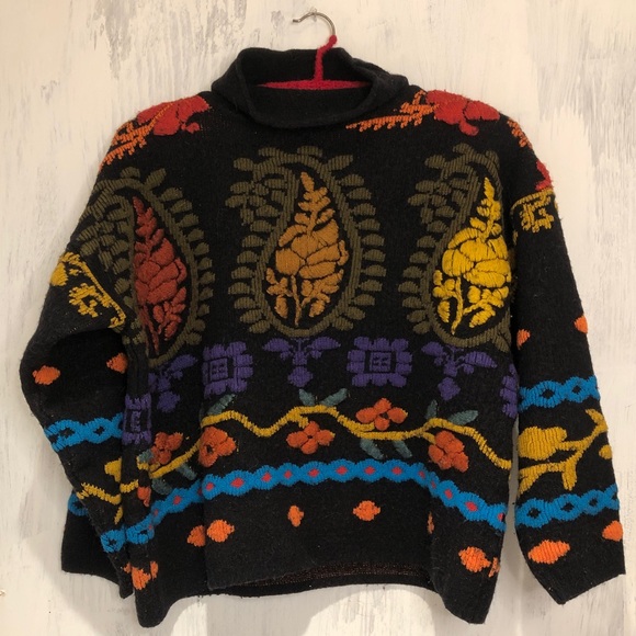 Vintage Sweaters - Vintage Kitty Hawk By Vivian Wang Chunky Wool Blend Tapestry-Like Sweater Size S